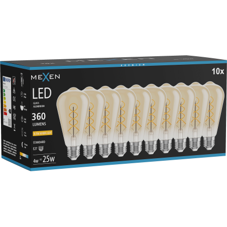 Mexen Vintis 10x Žiarovka filament špirála LED E27, ST64, 4W, Teplá - 2200K, 360 lm, jantárová - L162-E27-0422-50x10