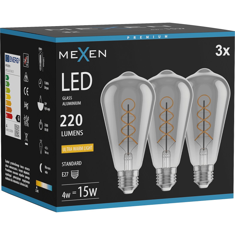 Mexen Vintis 3x Žiarovka filament špirála LED E27, ST64, 4W, Teplá - 2200K, 220 lm, smoke - L162-E27-0422-70x03