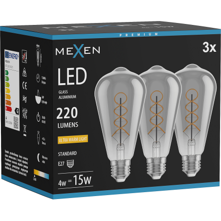 Mexen Vintis 3x Žiarovka filament špirála LED E27, ST64, 4W, Teplá - 2200K, 220 lm, smoke - L162-E27-0422-70x03