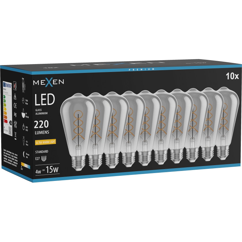 Mexen Vintis 10x žiarovka filament špirála LED E27, ST64, 4W, Teplá - 2200K, 220 lm, dymová - L162-E27-0422-70x10