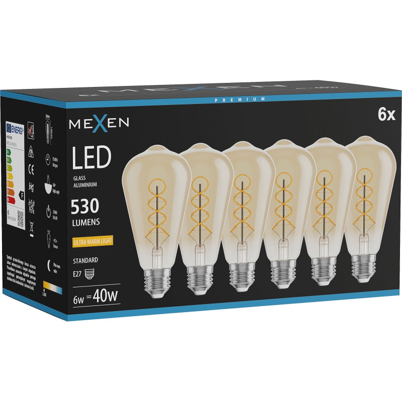 Mexen Vintis 6x Žiarovka filament špirála LED E27, ST64, 6W, Teplá - 2200K, 530 lm, amber - L162-E27-0622-50x06