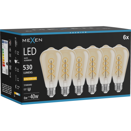 Mexen Vintis 6x Žiarovka filament špirála LED E27, ST64, 6W, Teplá - 2200K, 530 lm, amber - L162-E27-0622-50x06