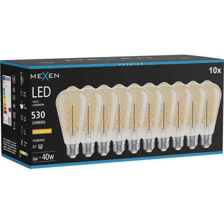 Mexen Vintis 10x Žiarovka filament spirála LED E27, ST64, 6W, Teplá - 2200K, 530 lm, jantárová - L162-E27-0622-50x10
