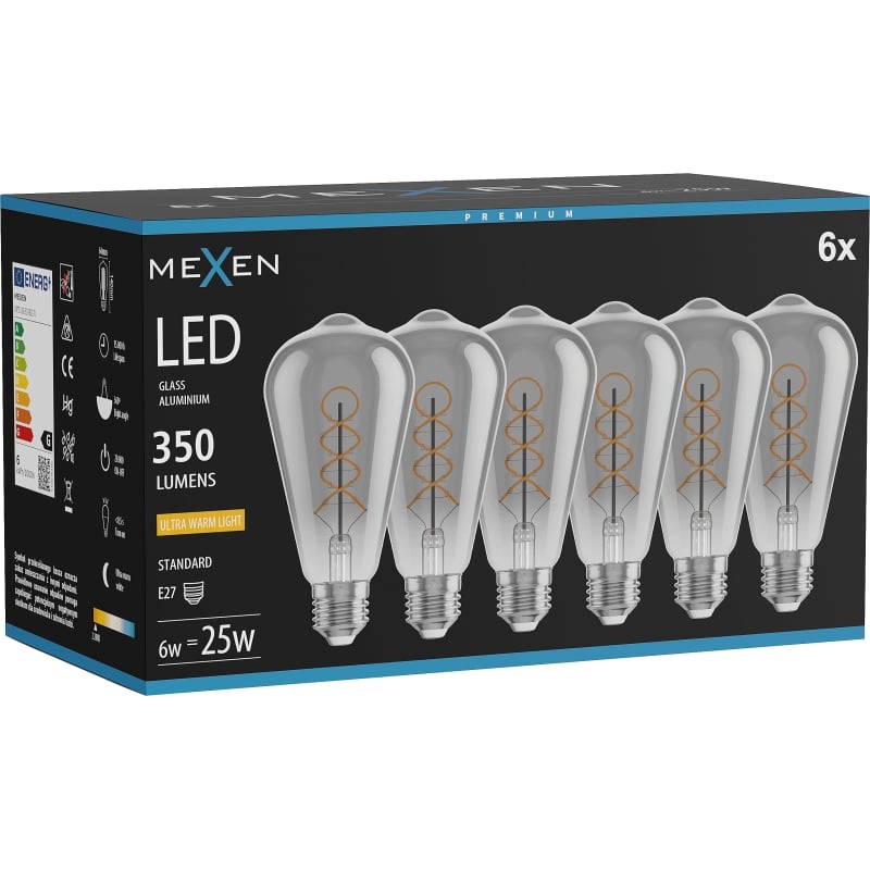 Mexen Vintis 6x Žiarovka filament špirála LED E27, ST64, 6W, Teplá - 2200K, 350 lm, dymová - L162-E27-0622-70x06