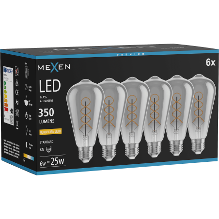 Mexen Vintis 6x Žiarovka filament špirála LED E27, ST64, 6W, Teplá - 2200K, 350 lm, dymová - L162-E27-0622-70x06