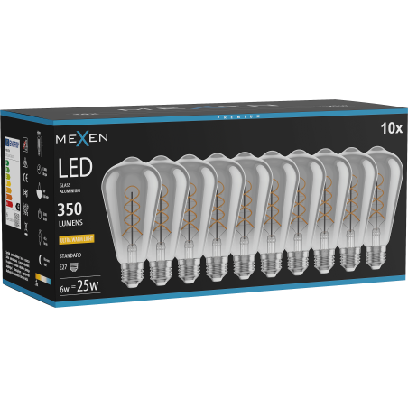 Mexen Vintis 10x Žiarovka filament špirála LED E27, ST64, 6W, Teplá - 2200K, 350 lm, dym - L162-E27-0622-70x10