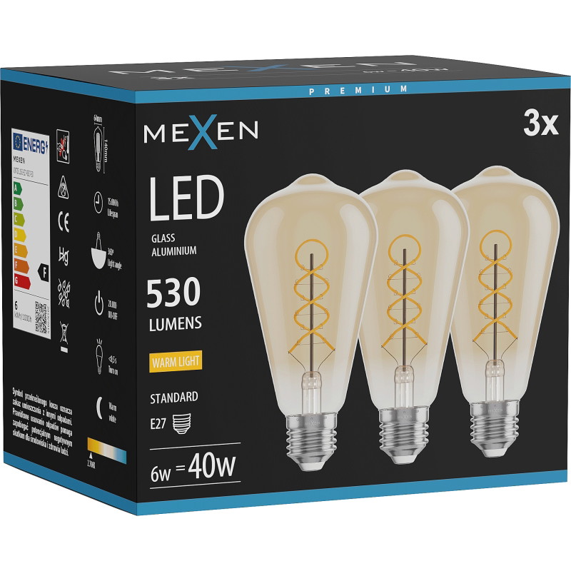 Mexen Vintis 3x Žiarovka filament špirála LED E27, ST64, 6W, Teplá - 2700K, 530 lm, jantárová - L162-E27-0627-50x03