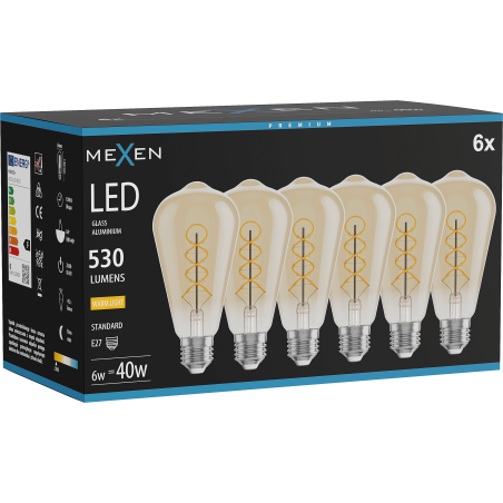 Mexen Vintis 6x Žiarovka filament špirála LED E27, ST64, 6W, Teplá - 2700K, 530 lm, jantárová - L162-E27-0627-50x06