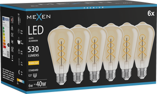 Mexen Vintis 6x Žiarovka filament špirála LED E27, ST64, 6W, Teplá - 2700K, 530 lm, jantárová - L162-E27-0627-50x06