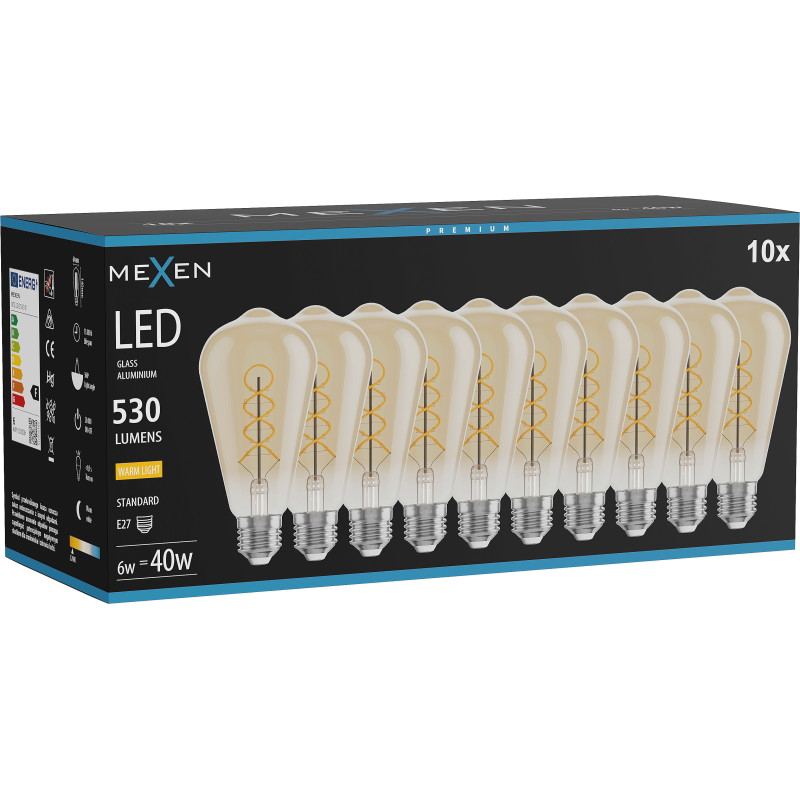 Mexen Vintis 10x Žiarovka filament špirála LED E27, ST64, 6W, Teplá - 2700K, 530 lm, jantárová - L162-E27-0627-50x10