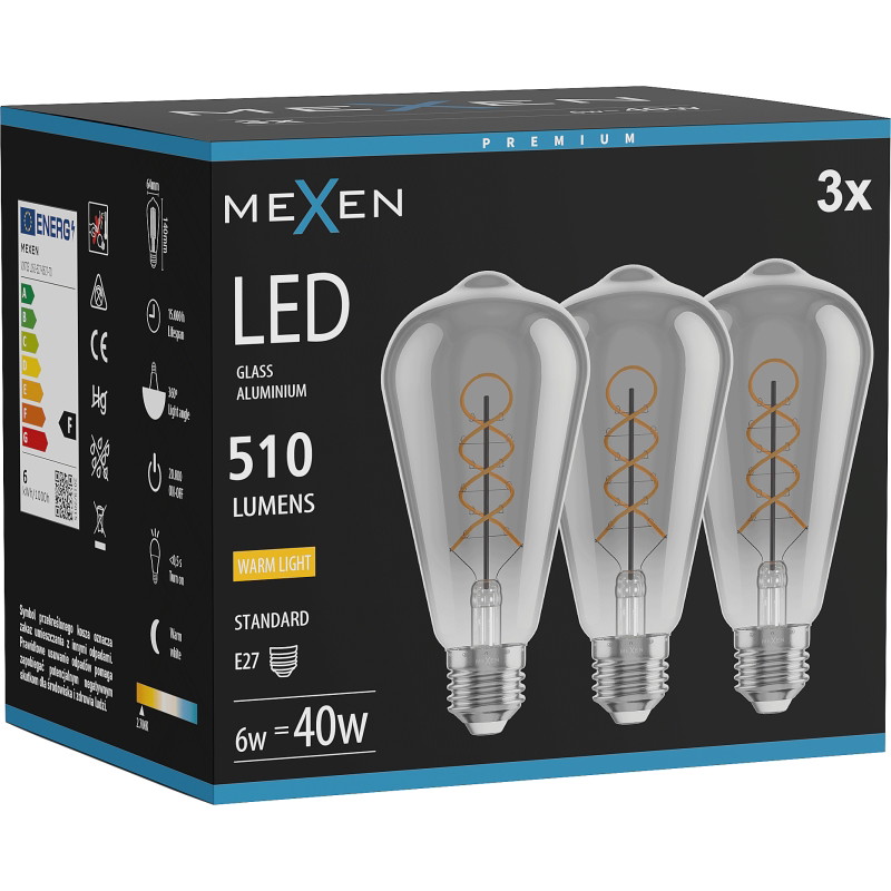 Mexen Vintis 3x Žiarovka filament špirála LED E27, ST64, 6W, Teplá - 2700K, 510 lm, smoke - L162-E27-0627-70x03