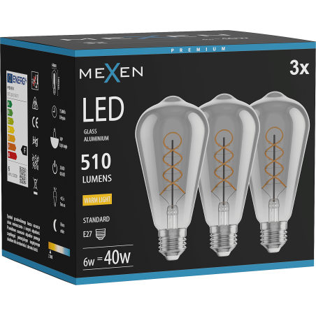 Mexen Vintis 3x Žiarovka filament špirála LED E27, ST64, 6W, Teplá - 2700K, 510 lm, smoke - L162-E27-0627-70x03