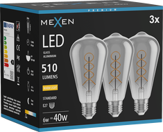 Mexen Vintis 3x Žiarovka filament špirála LED E27, ST64, 6W, Teplá - 2700K, 510 lm, smoke - L162-E27-0627-70x03