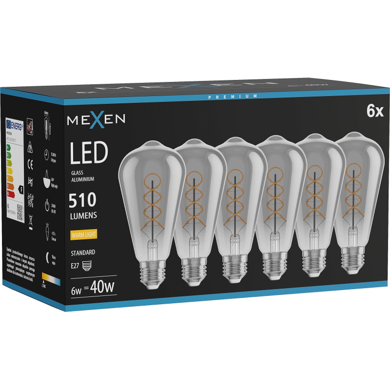 Mexen Vintis 6x Žiarovka filament špirála LED E27, ST64, 6W, Teplá - 2700K, 510 lm, smoke - L162-E27-0627-70x06