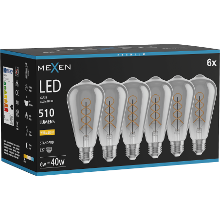 Mexen Vintis 6x Žiarovka filament špirála LED E27, ST64, 6W, Teplá - 2700K, 510 lm, smoke - L162-E27-0627-70x06
