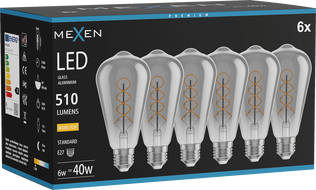 Mexen Vintis 6x Žiarovka filament špirála LED E27, ST64, 6W, Teplá - 2700K, 510 lm, smoke - L162-E27-0627-70x06