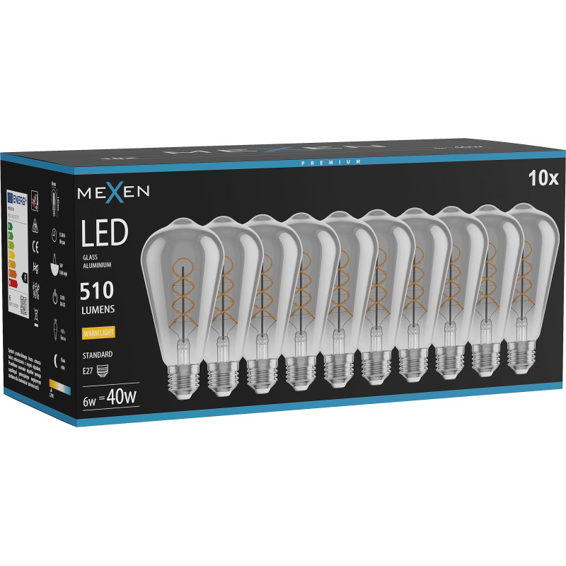Mexen Vintis 10x Žiarovka filament špirála LED E27, ST64, 6W, Teplá - 2700K, 510 lm, dymové sklo - L162-E27-0627-70x10