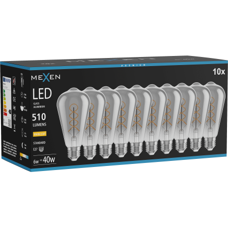 Mexen Vintis 10x Žiarovka filament špirála LED E27, ST64, 6W, Teplá - 2700K, 510 lm, dymové sklo - L162-E27-0627-70x10
