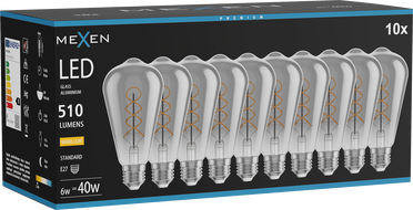 Mexen Vintis 10x Žiarovka filament špirála LED E27, ST64, 6W, Teplá - 2700K, 510 lm, dymové sklo - L162-E27-0627-70x10