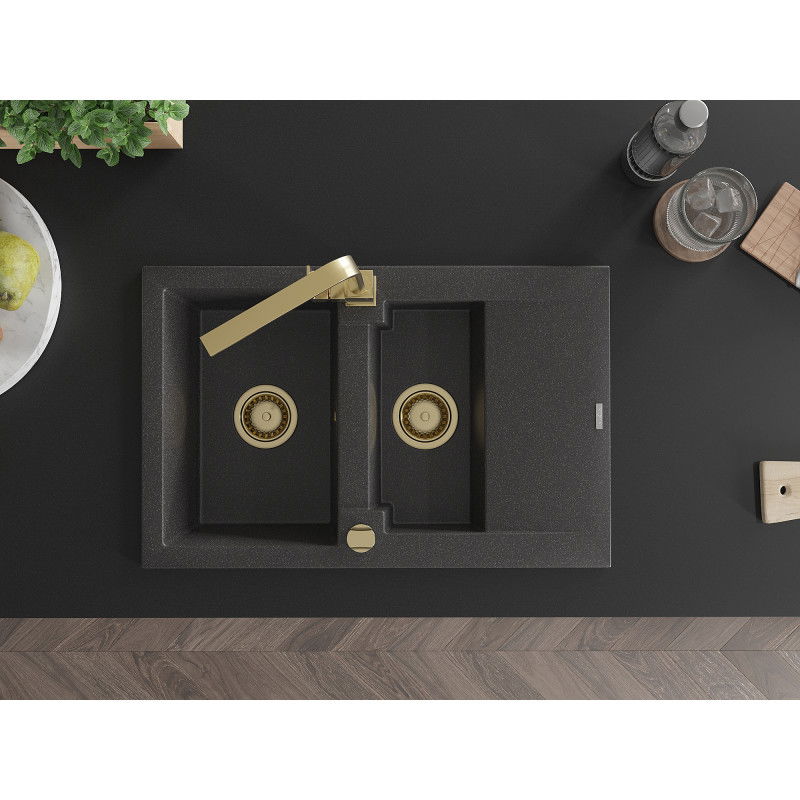 Mexen Gaspar granitový drez 1,5-komorový s odkvapkávačom a kuchynskou batériou Rita, čierny škvrnitý - 6507-76-670300-50