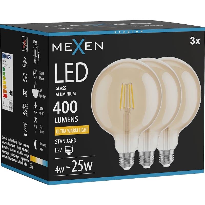 Mexen Vintis 3x Žiarovka filament LED E27, G125, 4W, Teplá - 2200K, 400 lm, jantárová - L158-E27-0422-50x03