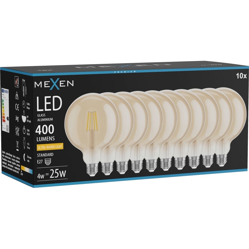 Mexen Vintis 10x Žiarovka filament LED E27, G125, 4W, Teplá - 2200K, 400 lm, jantárová - L158-E27-0422-50x10