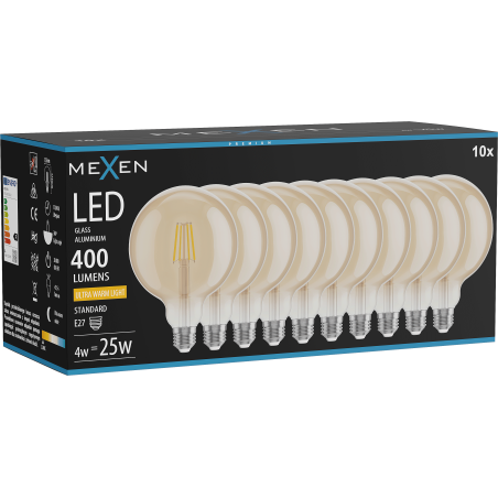Mexen Vintis 10x Žiarovka filament LED E27, G125, 4W, Teplá - 2200K, 400 lm, jantárová - L158-E27-0422-50x10