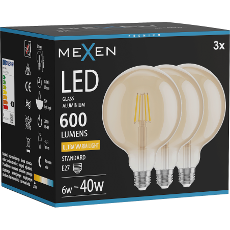 Mexen Vintis 3x žiarovka filament LED E27, G125, 6W, Teplá - 2200K, 600 lm, amber - L158-E27-0622-50x03