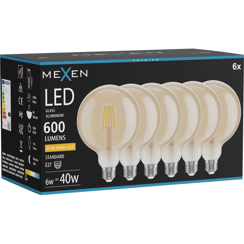 Mexen Vintis 6x žiarovka filament LED E27, G125, 6W, Teplá - 2200K, 600 lm, jantárová - L158-E27-0622-50x06
