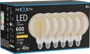 Mexen Vintis 6x žiarovka filament LED E27, G125, 6W, Teplá - 2200K, 600 lm, jantárová - L158-E27-0622-50x06