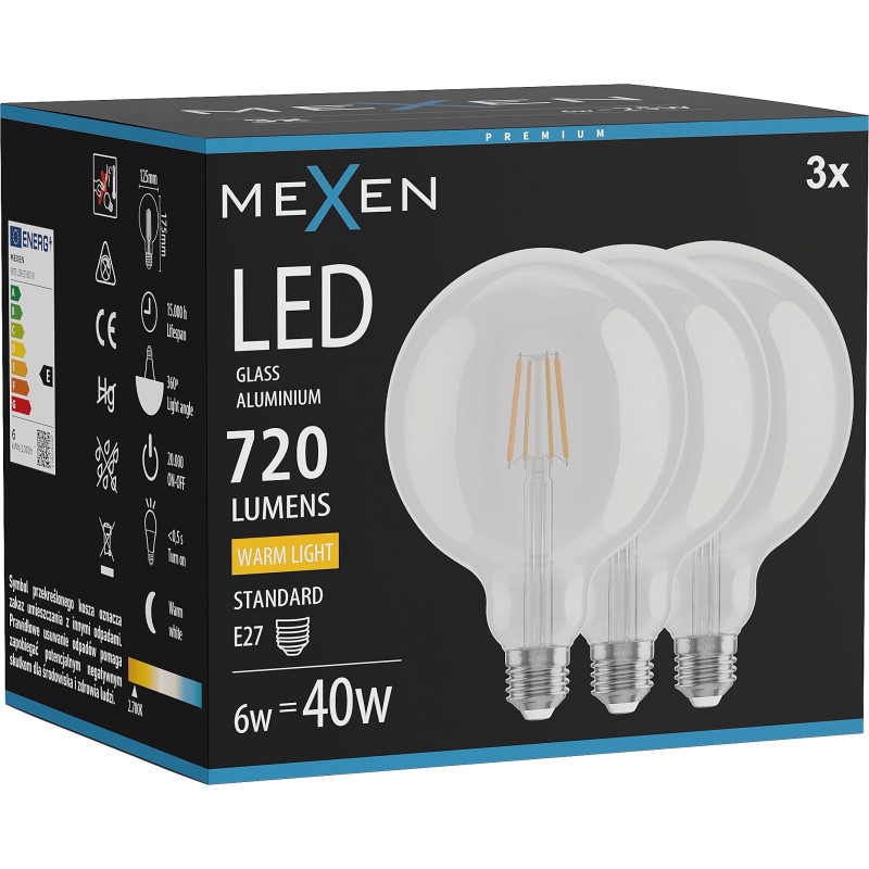 Mexen Vintis 3x Žiarovka filament LED E27, G125, 6W, Teplá - 2700K, 720 lm, číra - L158-E27-0627-00x03