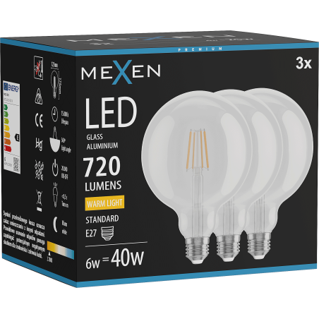Mexen Vintis 3x Žiarovka filament LED E27, G125, 6W, Teplá - 2700K, 720 lm, číra - L158-E27-0627-00x03
