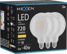 Mexen Vintis 3x Žiarovka filament LED E27, G125, 6W, Teplá - 2700K, 720 lm, číra - L158-E27-0627-00x03