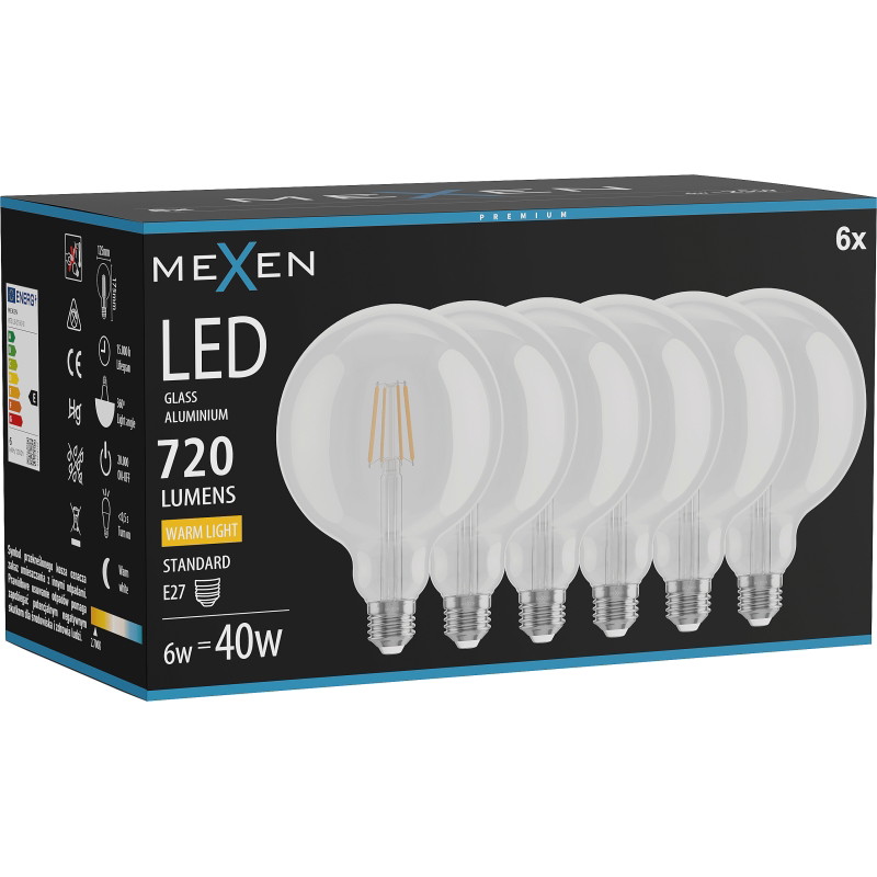 Mexen Vintis 6x Žiarovka filament LED E27, G125, 6W, Teplá - 2700K, 720 lm, číra - L158-E27-0627-00x06