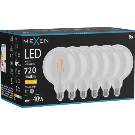 Mexen Vintis 6x Žiarovka filament LED E27, G125, 6W, Teplá - 2700K, 720 lm, číra - L158-E27-0627-00x06