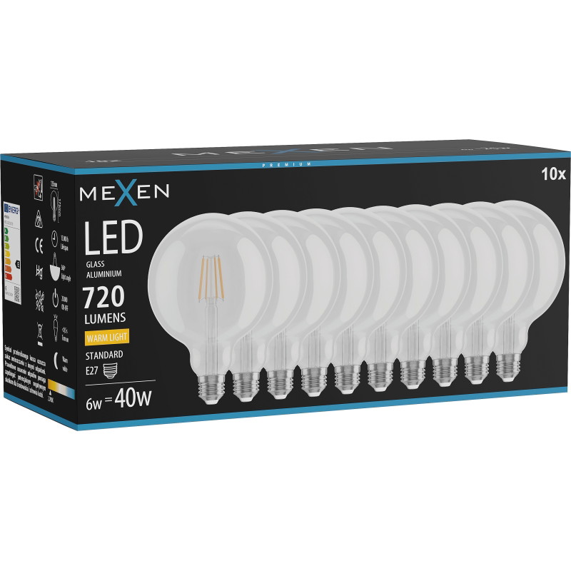 Mexen Vintis 10x LED vláknová žiarovka E27, G125, 6W, Teplá - 2700K, 720 lm, číra - L158-E27-0627-00x10