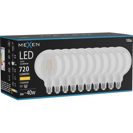 Mexen Vintis 10x LED vláknová žiarovka E27, G125, 6W, Teplá - 2700K, 720 lm, číra - L158-E27-0627-00x10