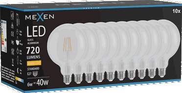 Mexen Vintis 10x LED vláknová žiarovka E27, G125, 6W, Teplá - 2700K, 720 lm, číra - L158-E27-0627-00x10