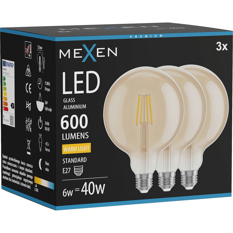 Mexen Vintis 3x LED žiarovka filament E27, G125, 6W, Teplá - 2700K, 600 lm, jantárová - L158-E27-0627-50x03