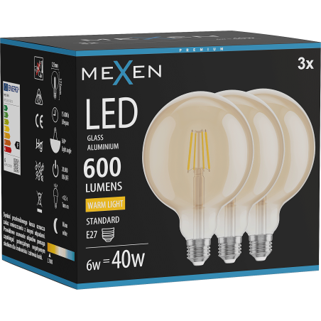 Mexen Vintis 3x LED žiarovka filament E27, G125, 6W, Teplá - 2700K, 600 lm, jantárová - L158-E27-0627-50x03