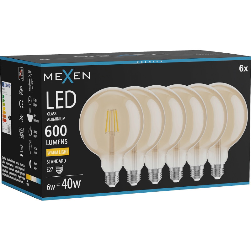 Mexen Vintis 6x Žiarovka filament LED E27, G125, 6W, Teplá - 2700K, 600 lm, jantárová - L158-E27-0627-50x06