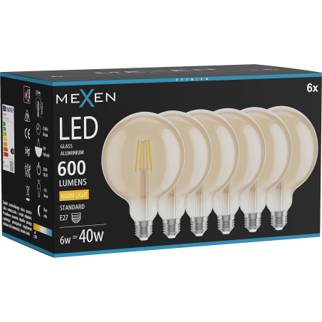 Mexen Vintis 6x Žiarovka filament LED E27, G125, 6W, Teplá - 2700K, 600 lm, jantárová - L158-E27-0627-50x06
