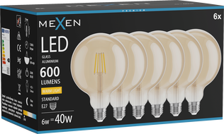 Mexen Vintis 6x Žiarovka filament LED E27, G125, 6W, Teplá - 2700K, 600 lm, jantárová - L158-E27-0627-50x06