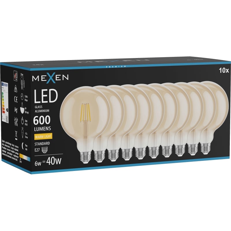 Mexen Vintis 10x žiarovka filament LED E27, G125, 6W, Teplá - 2700K, 600 lm, jantárová - L158-E27-0627-50x10