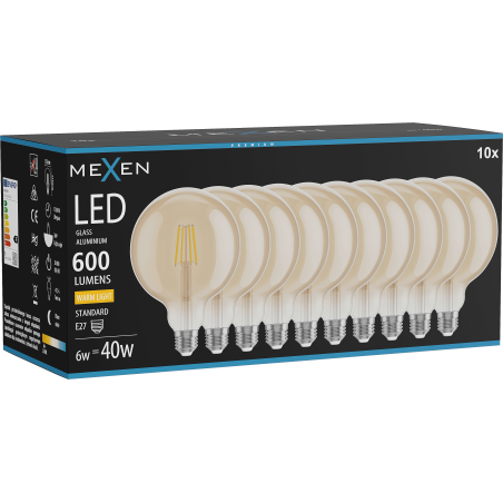 Mexen Vintis 10x žiarovka filament LED E27, G125, 6W, Teplá - 2700K, 600 lm, jantárová - L158-E27-0627-50x10