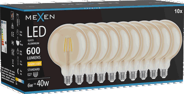 Mexen Vintis 10x žiarovka filament LED E27, G125, 6W, Teplá - 2700K, 600 lm, jantárová - L158-E27-0627-50x10