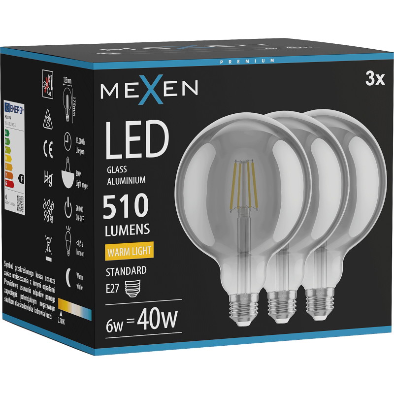 Mexen Vintis 3x žiarovka filament LED E27, G125, 6W, Teplá - 2700K, 510 lm, dymová - L158-E27-0627-70x03