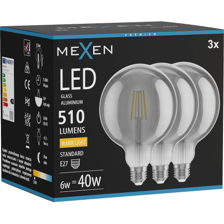 Mexen Vintis 3x žiarovka filament LED E27, G125, 6W, Teplá - 2700K, 510 lm, dymová - L158-E27-0627-70x03