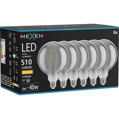 Mexen Vintis 6x žiarovka filament LED E27, G125, 6W, Teplá - 2700K, 510 lm, dymová - L158-E27-0627-70x06