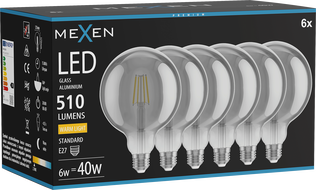 Mexen Vintis 6x žiarovka filament LED E27, G125, 6W, Teplá - 2700K, 510 lm, dymová - L158-E27-0627-70x06
